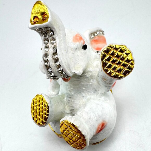 Bejeweled Enamel Hinged Trinket Box White & Gold Playful Elephant Rhinestones - Picture 9 of 9